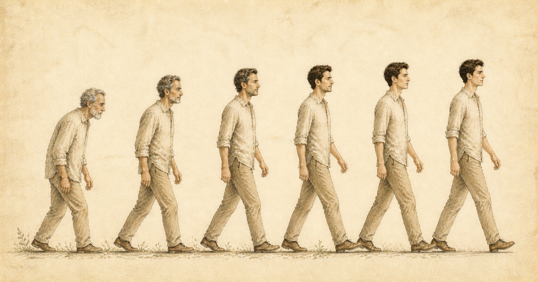 A watercolour illustration of a man at successive stages of life, walking from old age on the left to youth on the right